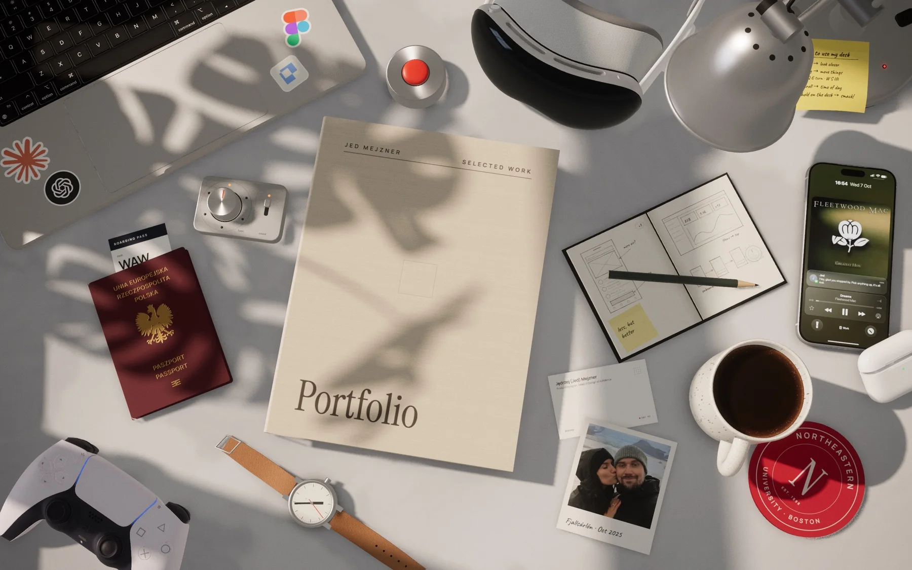 The 3D desk in the afternoon light, with the portfolio book in the middle
